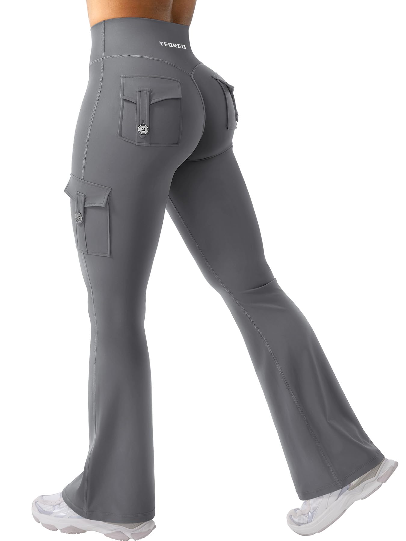 YEOREO CoreFlex Women Workout Flare Leggings with Pockets Hidden Scrunch High Waisted Cargo Gym Yoga No Front Seam Leggings Grey S