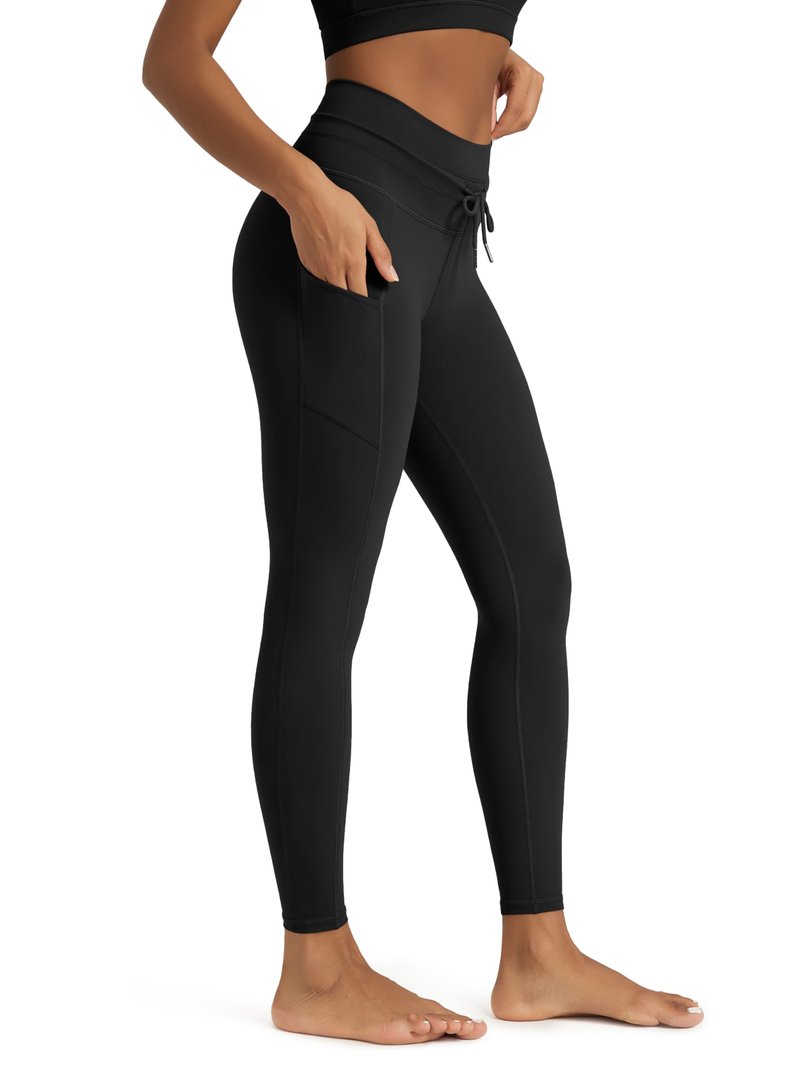ODODOS Women's Drawstring Tie Pocket Leggings 25" Inseam 7/8 Length High Waist Workout Yoga Pants, Black, Small