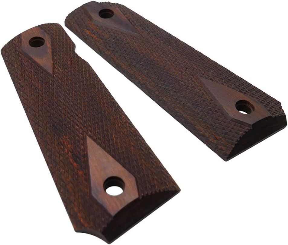 1911 Wood Grips - Checker Diamond Cut or Honey Comb Texture | Full Size with Gold Screws & Ambi Safety Cut