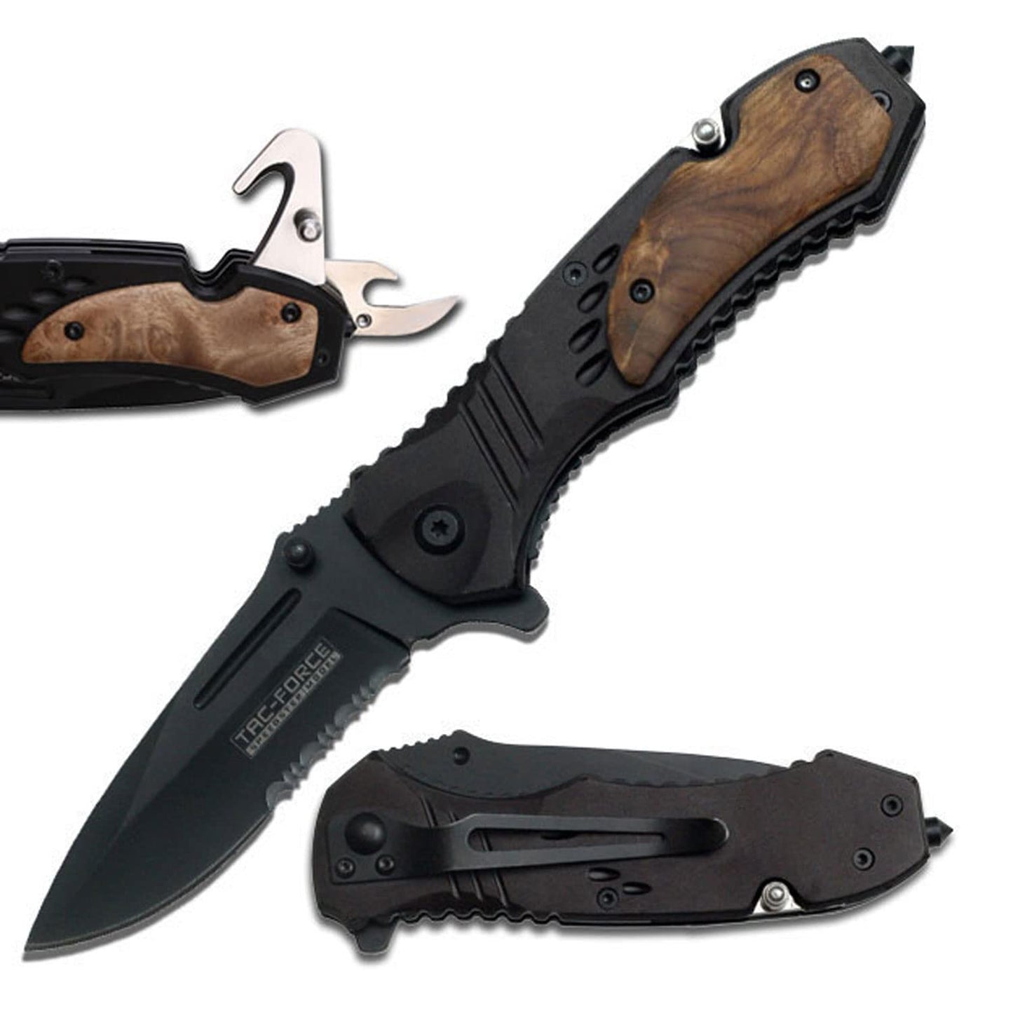 Tac-Force Folding Pocket Knife, 8-inch Total Length, Aluminum Handle with Wood Insert, 3.25-inch Drop Point Black Blade, Camping, EDC - TF-606WS