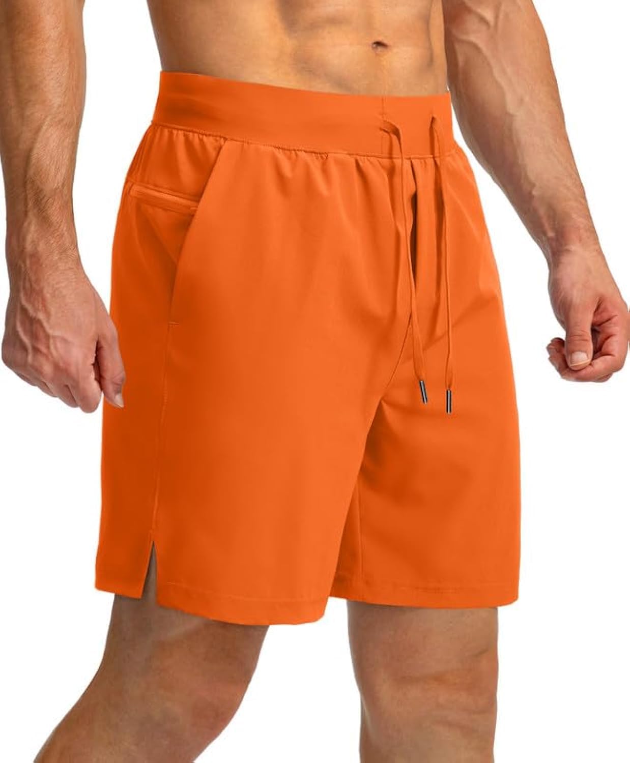 Soothfeel Men's Running Shorts with Zipper Pockets 7 Inch Lightweight Quick Dry Gym Athletic Workout Shorts for Men (Orange, XS)