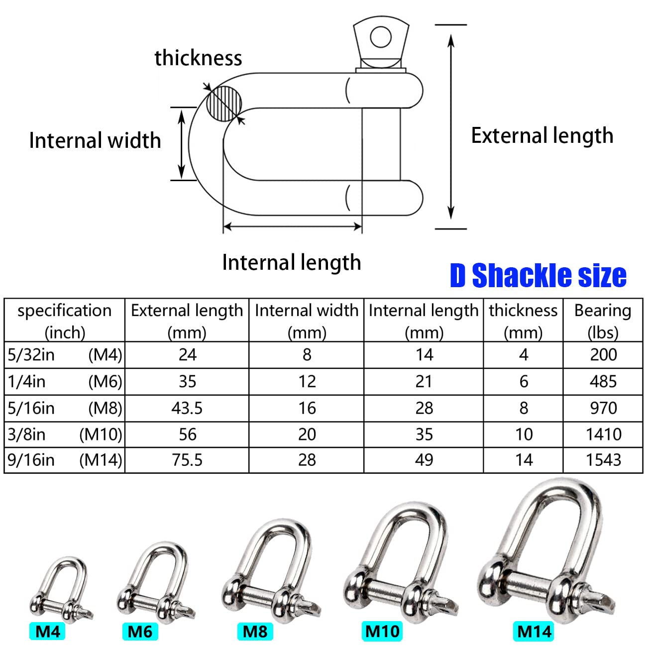 Reedny Stainless Steel 304 D Shape Shackle 5/32", 1/4", 5/16",3/8", 9/16", for Chains Wirerope Lifting Outdoor Camping Survival Rope Bracelets Or for Heavy Duty Construction (1/4" 8Pcs)