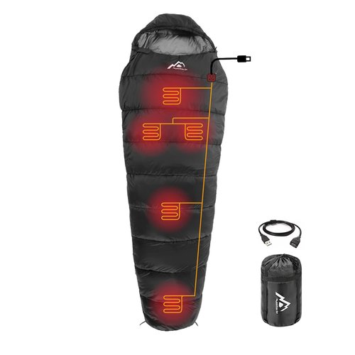 MANTUOLE Heated Sleeping Bag 5 Heating Zones, Operated with USB 5V/2A Battery or Other USB Power Supplies, Battery NOT Included, Mummy Style-Black.