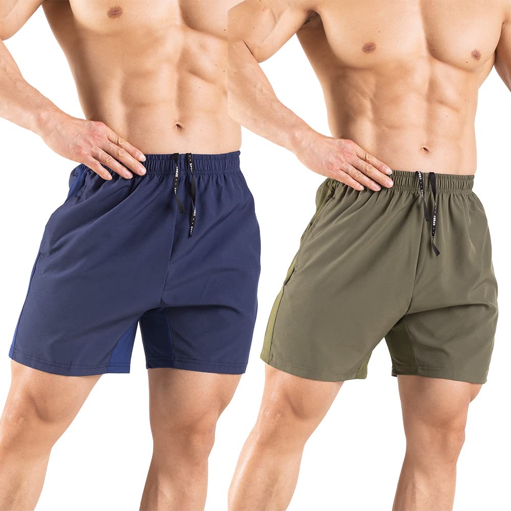 Gaglg Men's 5" Running Shorts 2 Pack Quick Dry Athletic Workout Gym Shorts with Zipper Pockets Navy/Green,XX-Large