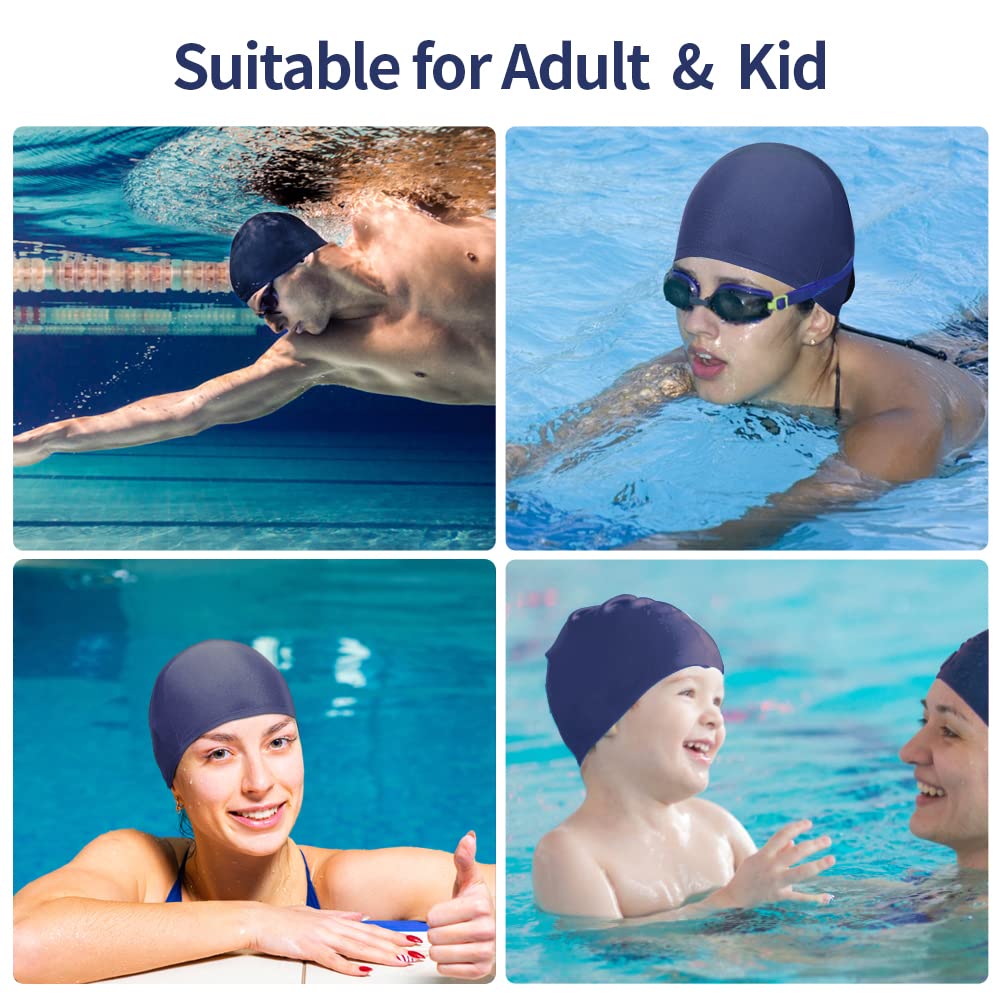 4 pcs Elastic Swim Caps for Both Women & Men & Kids Fabric Durable Non-Waterproof Cloth Swimming Pool Cap Elastic Bathing Cap (Dark Blue, 4)