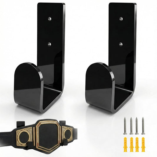 2PCS Championship Belt Wall Mount, 5mm Thick Black Acrylic Display Holder, Heavy Duty Hanger Rack for Pro Wrestling, MMA, Boxing Replica Championship Belts, Horizontal Floating Hanging Kit with Screws