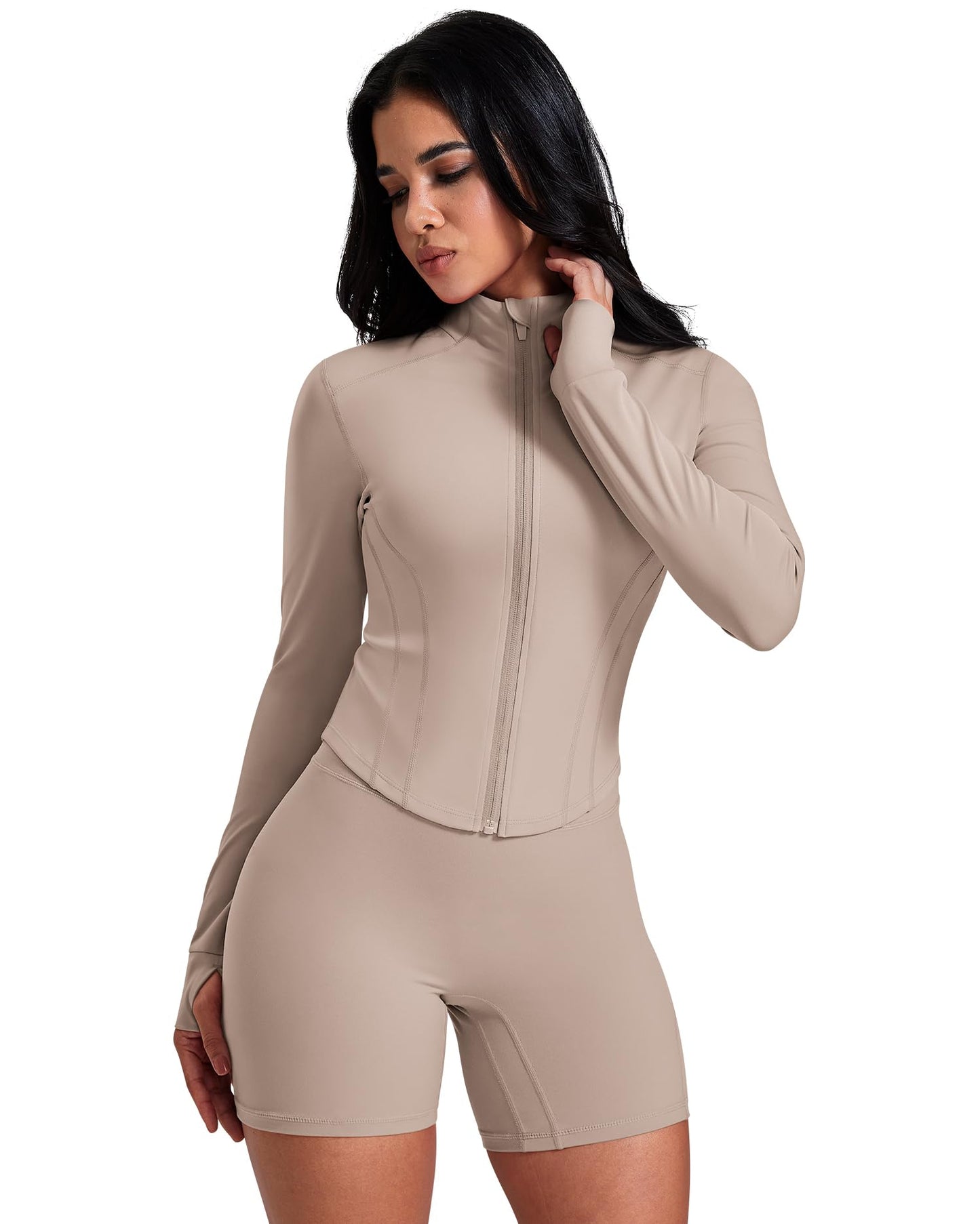 AVGO Athletic tops for women Zip Sports Lightweight Jacket Comfy Slim Fit Bbl Athletic Track Jackets With Thumb Holes (Almond, X-Small)