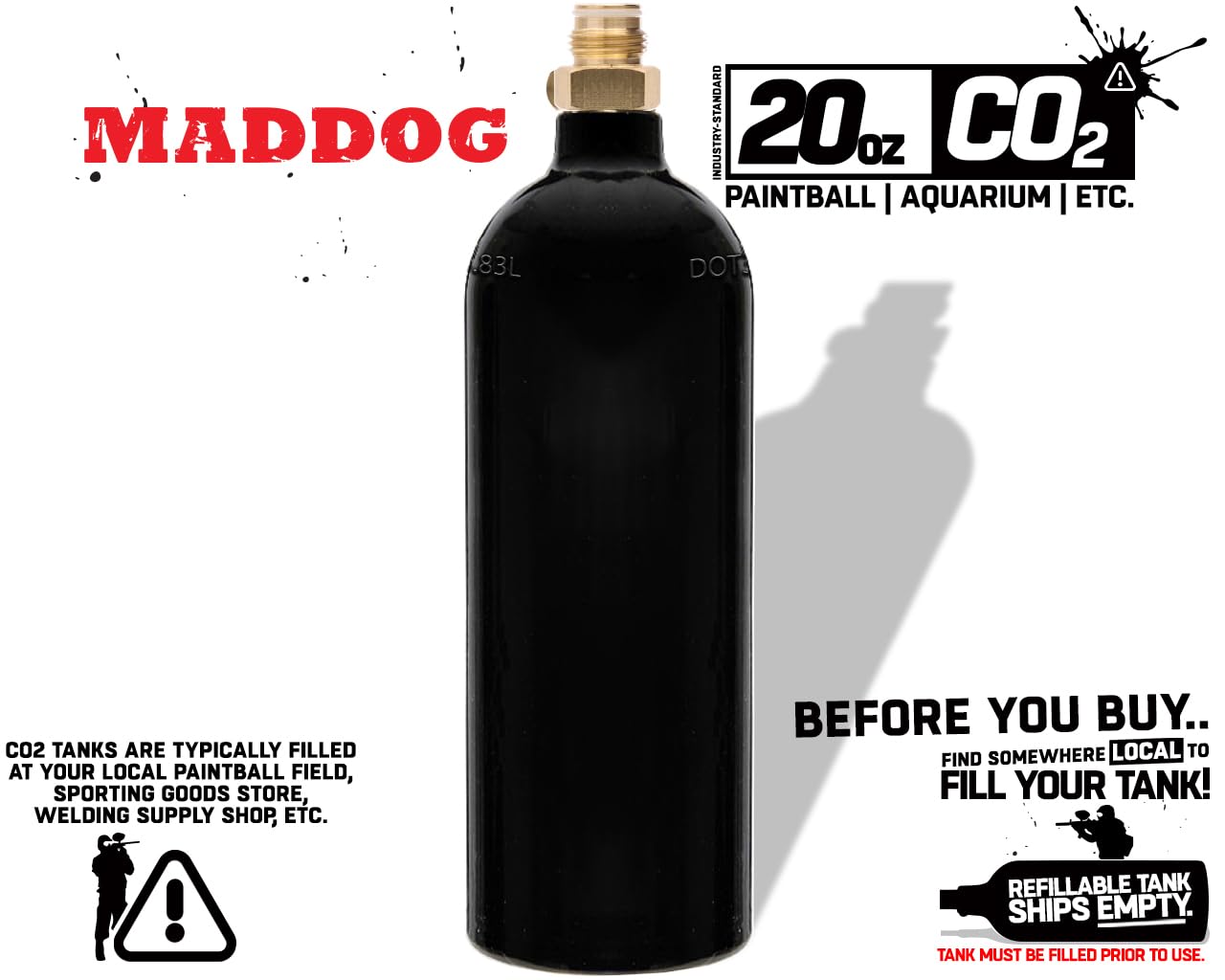 Maddog 20 Oz Refillable Aluminum CO2 Paintball Tank - Ships Empty - 1 Pack