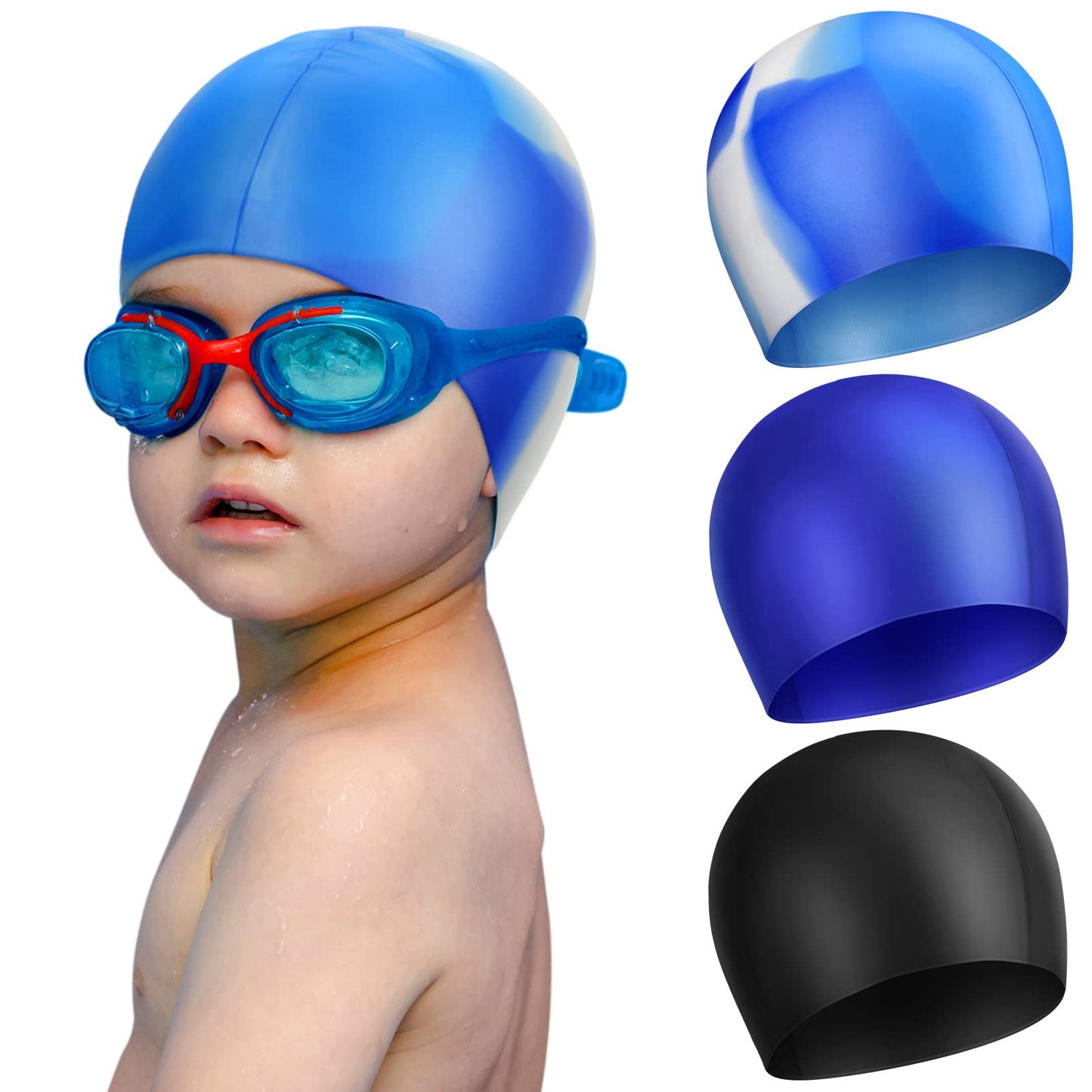 3 Pcs Swim Cap Kids Waterproof Silicone Swimming Caps for Girls Boys Adults Over 5 Years Old Pool Swim Hat for Toddler Children and Adults(Stylish Color)