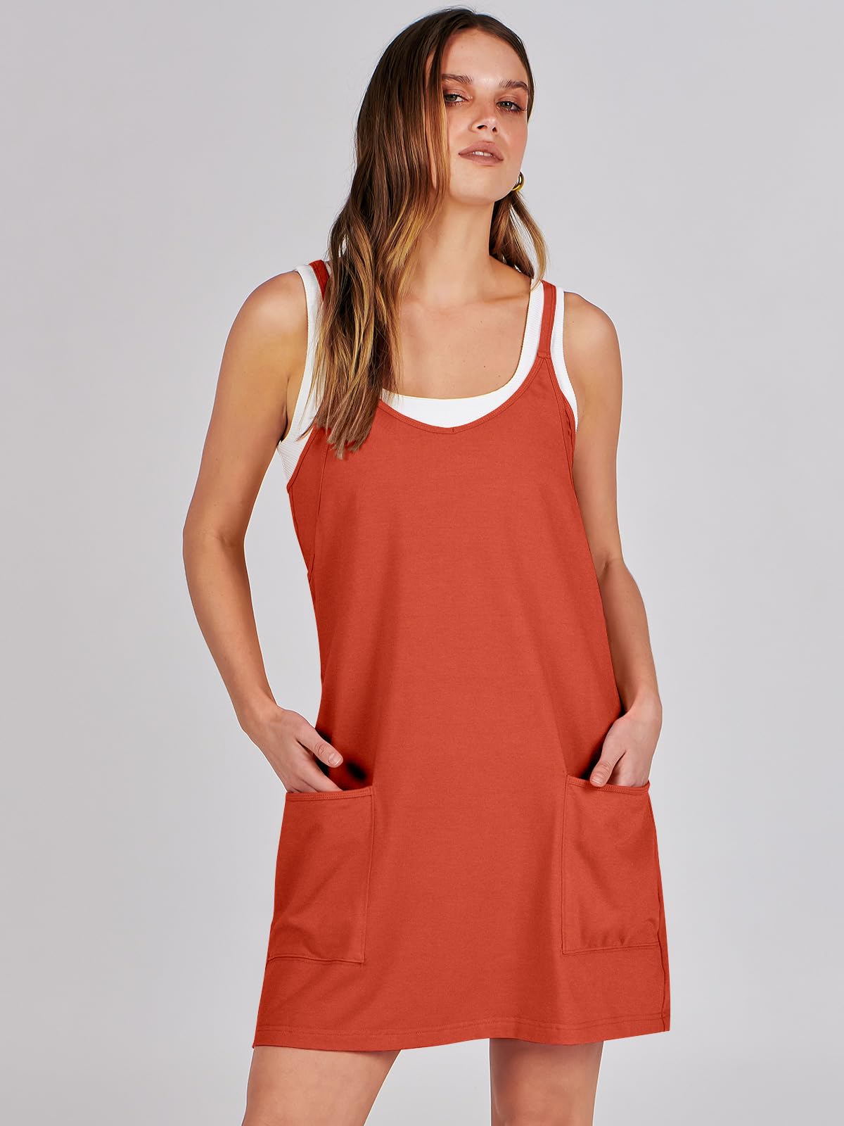 ANRABESS Women Athletic Dress Summer Tennis Workout Active Sports Mini Romper Dress Built in Shorts Travel Vacation Clothes Red X-Large