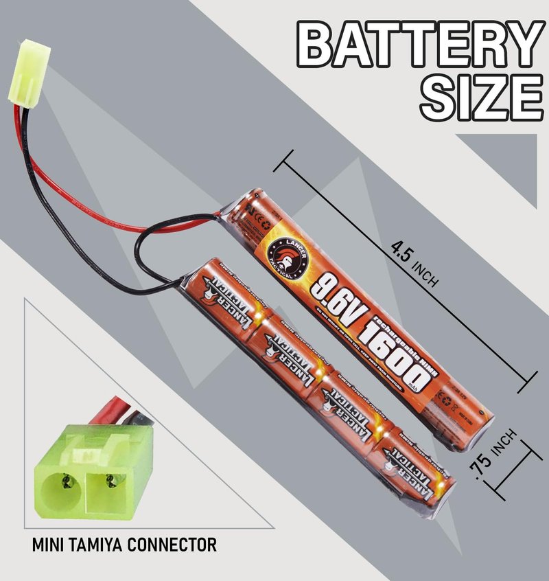 Lancer Tactical Nimh Battery Pack with Smart Charger, Two Pack of Nunchuck 9.6v 1600 mAh Tamiya Connector with Compact Smart Charger for 8.4v - 9.6v NiMh Airsoft AEG Batteries