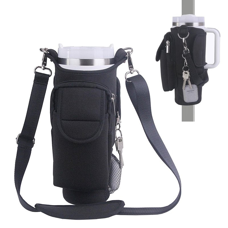GHJTFC 40OZ Magnetic Water Bottle Carrier Bag, Compatible with Stanley Cup, with 5 Strong Magnets, Detachable Shoulder Strap, Hand Strap and Multiple Storage Pouches (Black)