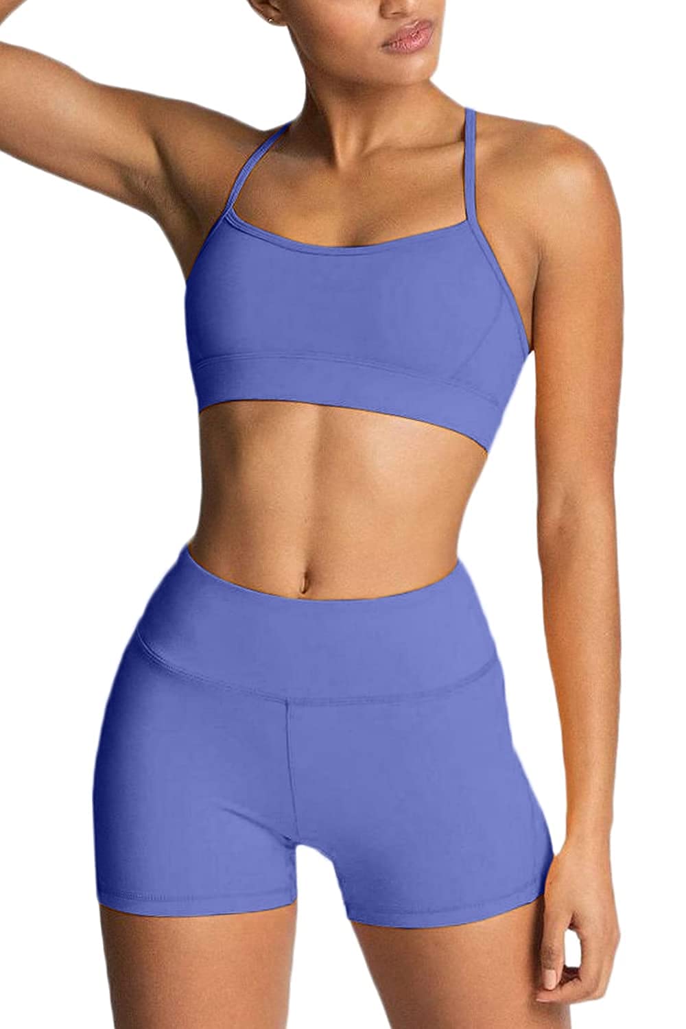 IMEKIS Workout Sets for Women 2 Piece Yoga Outfit: Tracksuits High Waisted Running Biker Shorts with Adjustable Strap Sport Bra Exercise Running Clothes Athletic Gym Sets Matching Active Wear Blue S