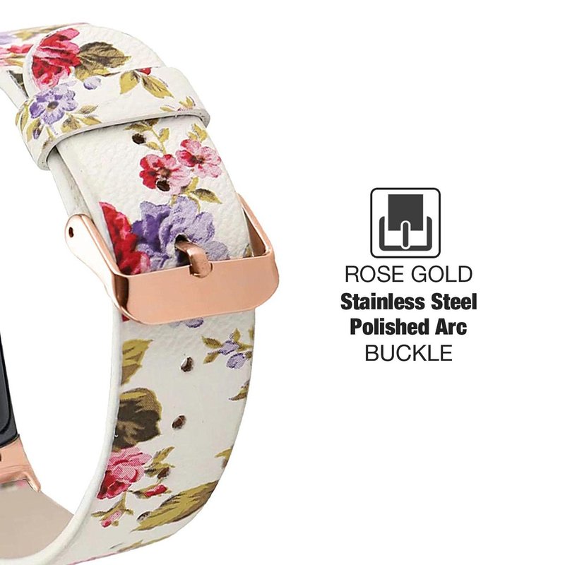 Abanen Leather Bands for Fitbit Charge 5, Floral Print Soft Leather Women Wristband Strap with Stainless Steel Quick Release Compatible with Fitbit Charge 5 (White)