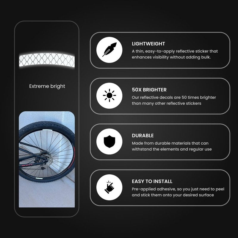 ReflecToes 720 Reflective Wheel Rim Stickers - 16 Pcs Reflective Decals, 720+ Candle Power Wheel Reflectors for Bike - High-Intensity Retroreflective Rim Tape