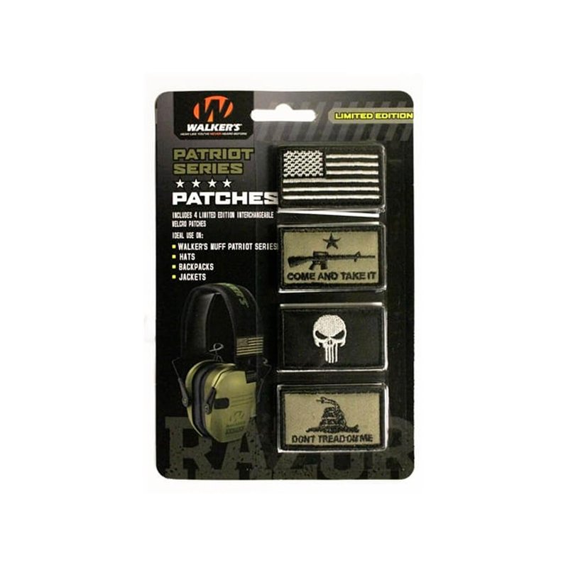 Walker's Razor Patriot Patch Kit Hook & Loop Attachable Embroidery Design Patch Set for Earmuffs, Hats, Backpack, Military Shooting Outdoor EDC Uniforms & Gear - 4 Pcs - American Flag