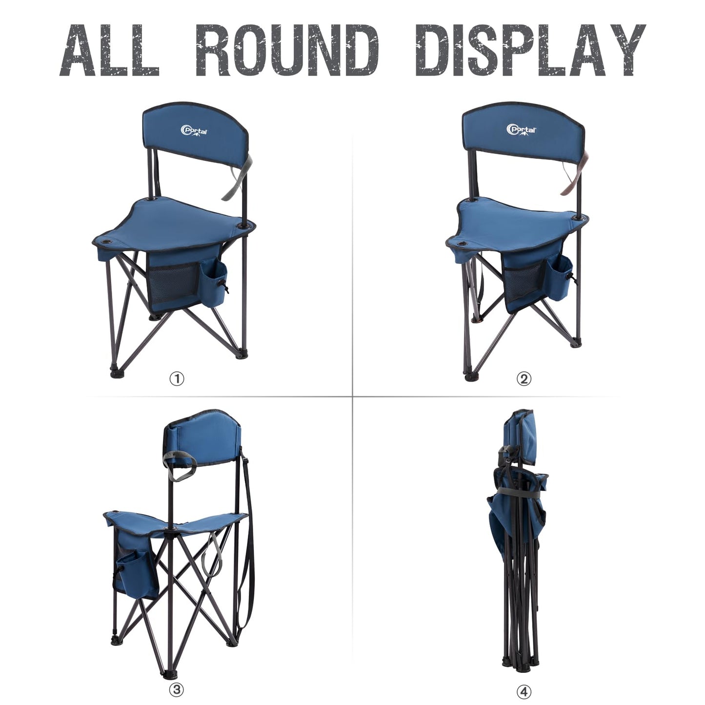 PORTAL Extra Large Quick Folding Tripod Stool with Backrest Fishing Camping Chair with Carry Strap, Blue