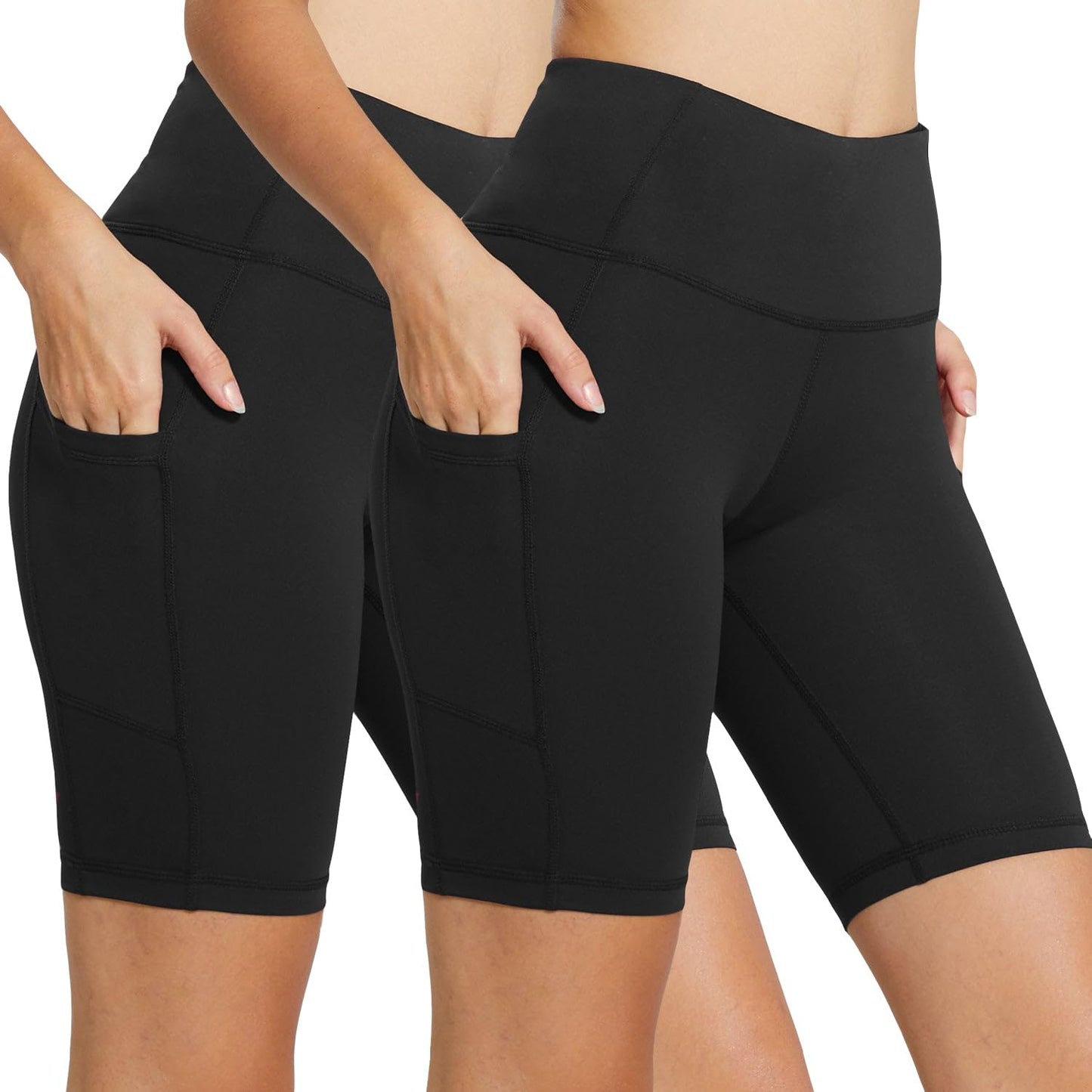 baleaf Biker Shorts Women Yoga Gym Workout Spandex Running Volleyball Tummy Control Compression with Pockets 8" 2-Pack Black/Black XL