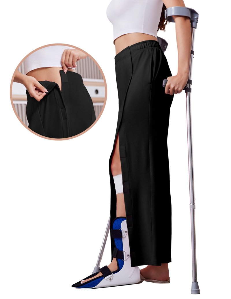 Deyeek Womens Tear Away Pants for Post Hip Surgery Recovery Snap On Pants Breakaway Surgical Zipper Sweatpants with Pockets Black