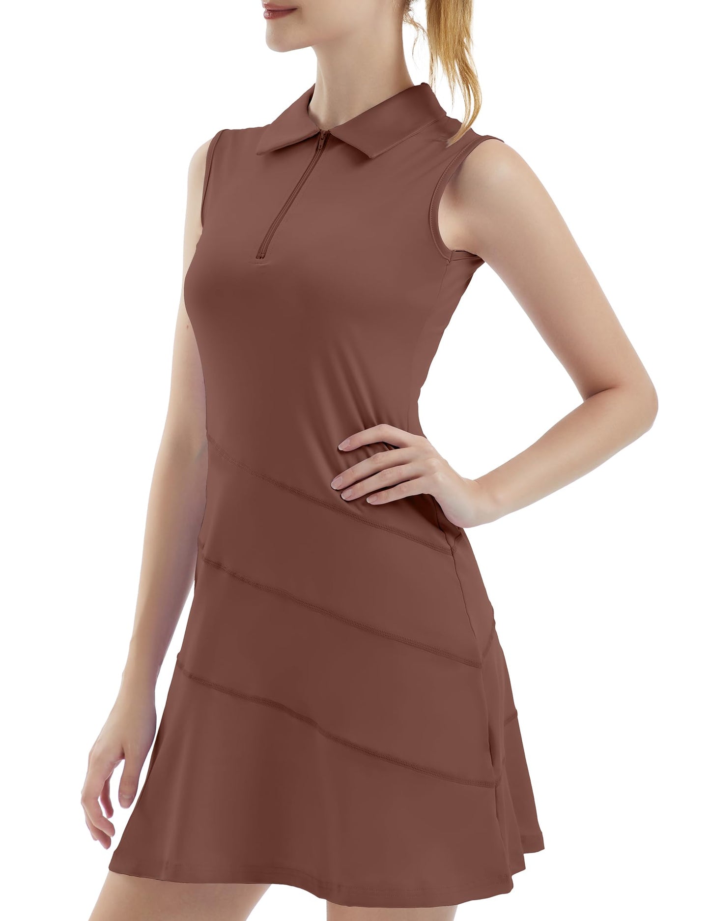 FKEEP Women's Tennis Golf Dresses Zipper V-Neck Sport Activewear with Shorts and Pocket Workout Athletic (Brown, XS)