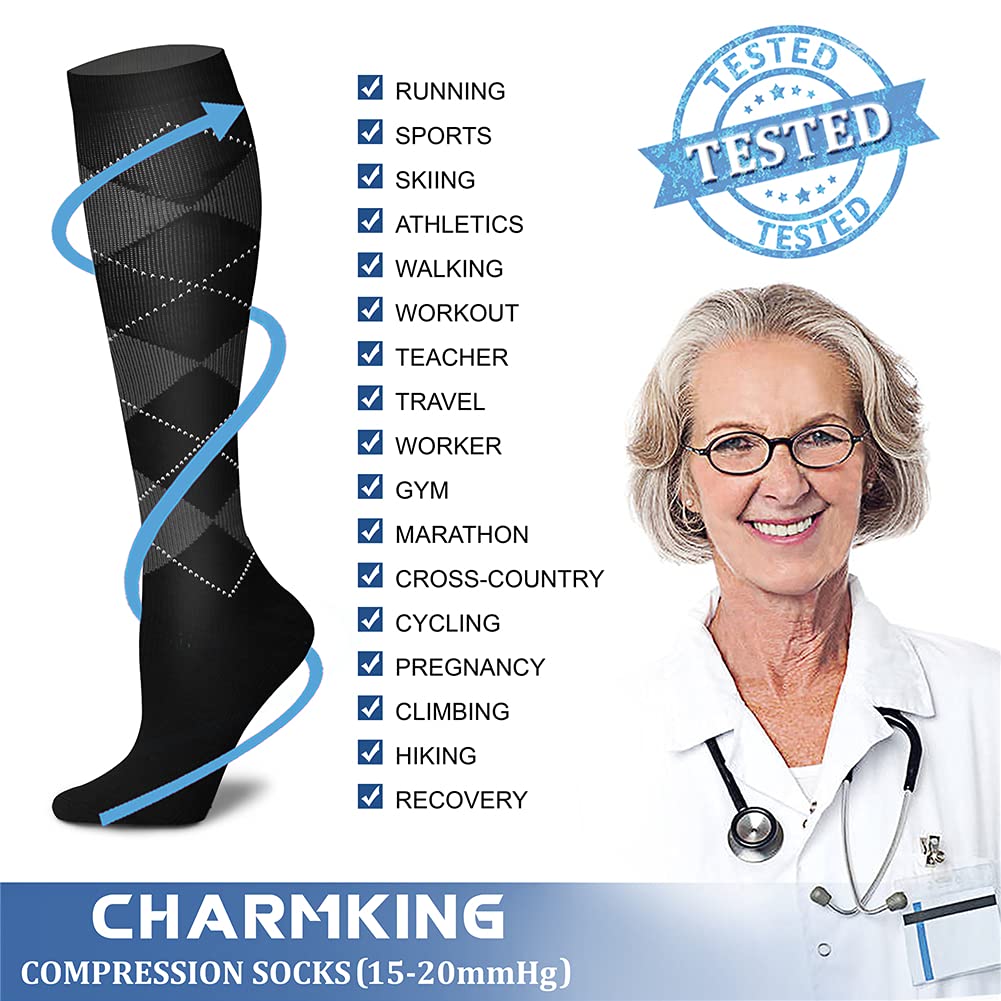CHARMKING Compression Socks for Women & Men (8 Pairs) 15-20 mmHg Graduated Copper Support Calf Socks are Best for Pregnant, Nurses - Boost Performance, Circulation, Knee High Wide Calf(L/XL, Multi 18)