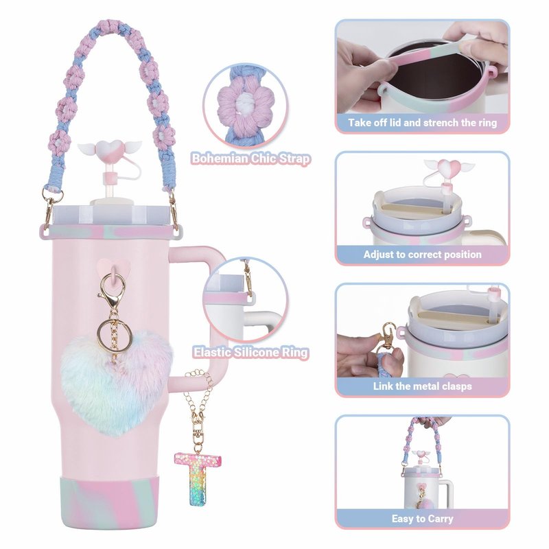 Rabrgab 7Pcs Initial Stanley Cup Accessories Set with Handle, Girls Tumbler Cup Decoration for 40oz 30oz 20oz, Teen Girls Gifts, Including Heart Straw Topper, Charms, Silicone Boot, Letter Charm M