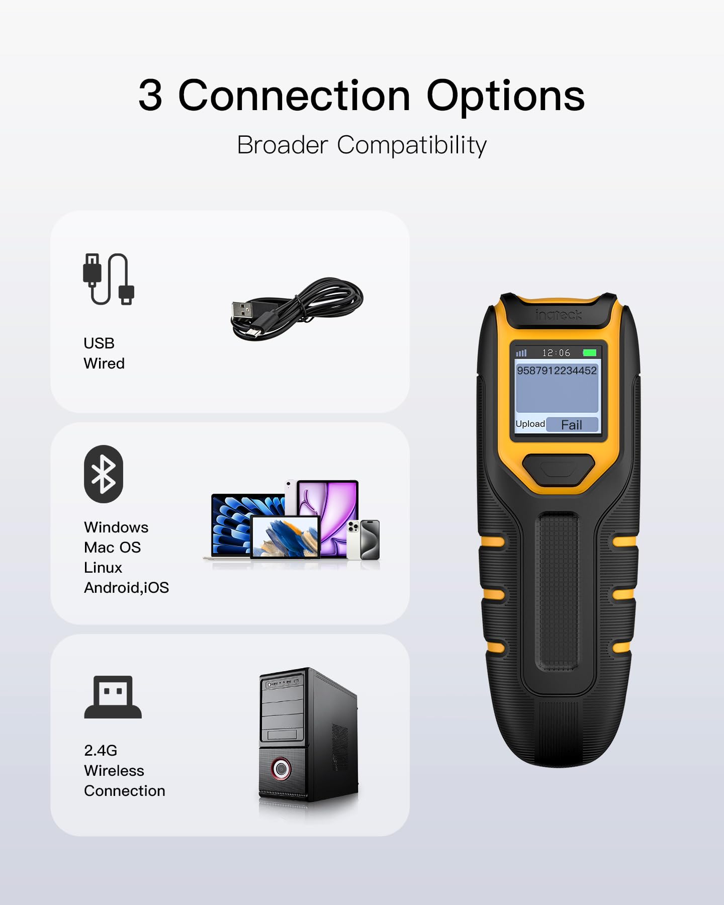 Inateck 2D Barcode Scanner Wireless, Mini Bluetooth Code Reader with Screen