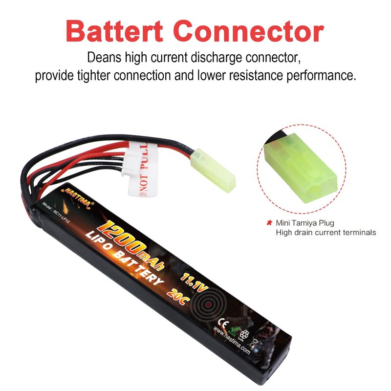 NASTIMA 11.1V 1200mAh 3S 20C LiPo Airsoft Battery Pack Compatible with Mini Tamiya Connector for Airsoft Guns AK47 MP5K MP5 Scar M249 AUG AEG