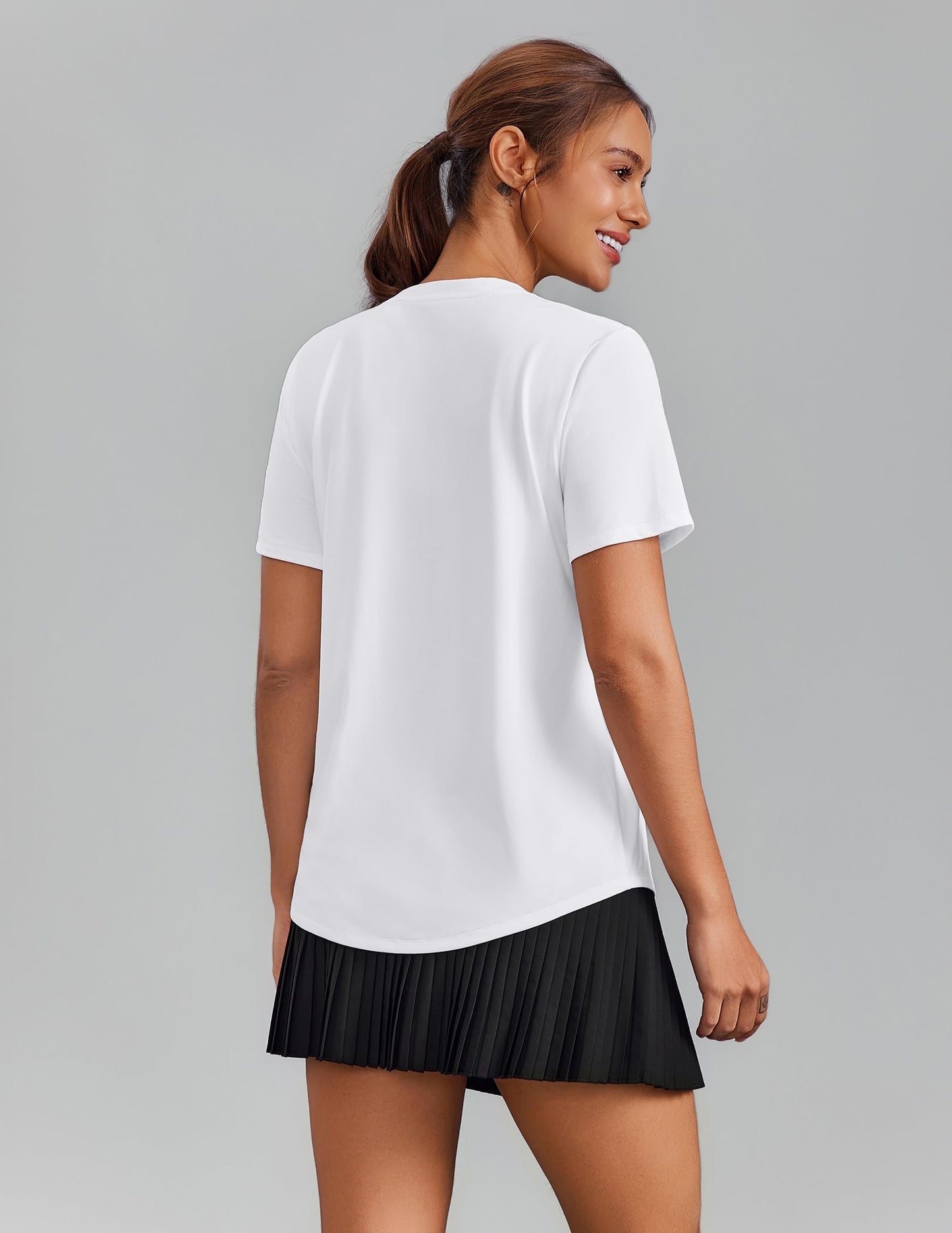 PINSPARK Womens Workout Tops V Neck Short Sleeve Gym Shirts Moisture Wicking Quick Dry Breathable Soft Athletic Running Tees,White Medium
