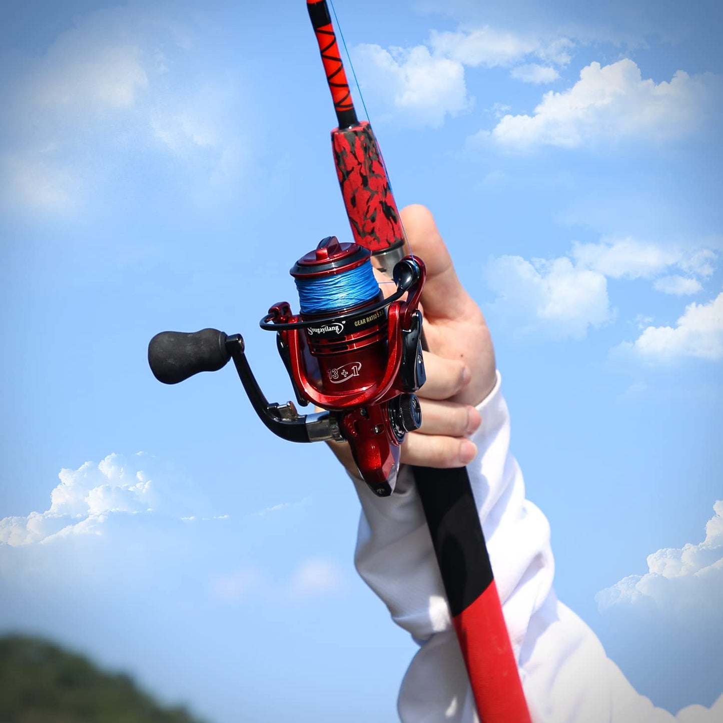 Sougayilang Spinning Reel and 2-Piece Fishing Rod Combo, Durable Graphite & Fiberglass Rod, Split-Grip Cork Handle,Right/Left Handle Position (Red, 7'00''-2000)