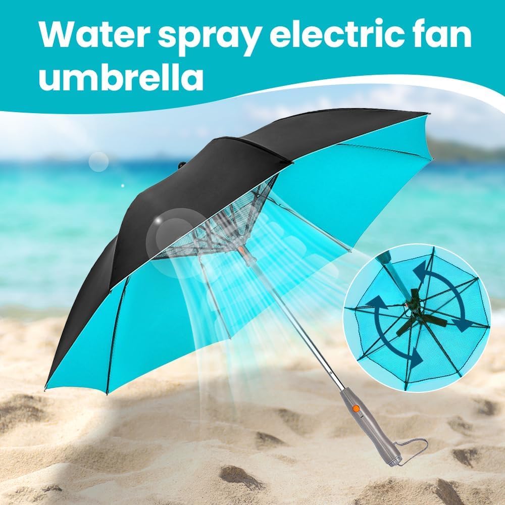 Uv Blocking Umbrella With Fan, 2024 New 3 In 1 Umbrella With Fan And Mist Spray, Sun Umbrella Protection, Usb Rechargeable Sun Umbrella, Cooling Umbrella With Fan, For Fishing, Golfing, Patio, Sand, Travel (Blue)