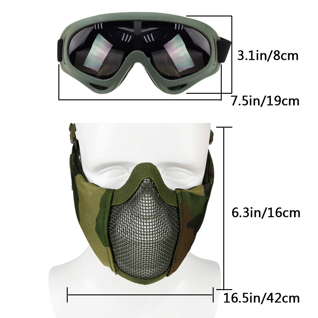 Airsoft Mask with Goggles, Foldable Half Face Airsoft Mesh Mask with Ear Protection for Paintball Shooting CS Game (Green 2)