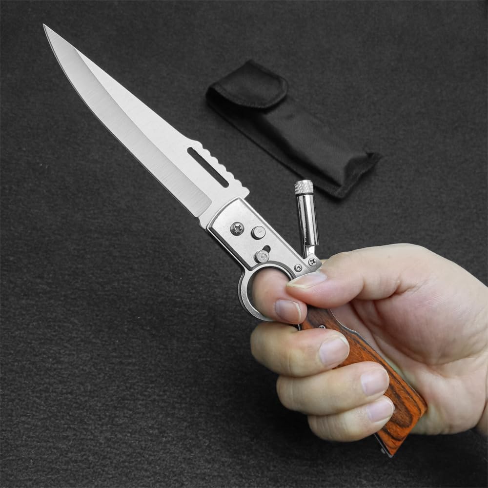 AK47 Flipper Pocket Folding Knife Push Button Lock Knife，Stainless Steel Blade，Wooden Handle and Pocket Clip，Protable Knife with LED Light for Men's Gift，Camping Survival EDC Knives