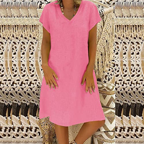 Generic Overstock Deals Women's Cotton Linen Knee Length Dress V Neck Short Sleeve Causal Loose Tshirt Dresses Summer Loose Shift Tunic Dress Robe Longue Femme ETE Pink, 3X-Large