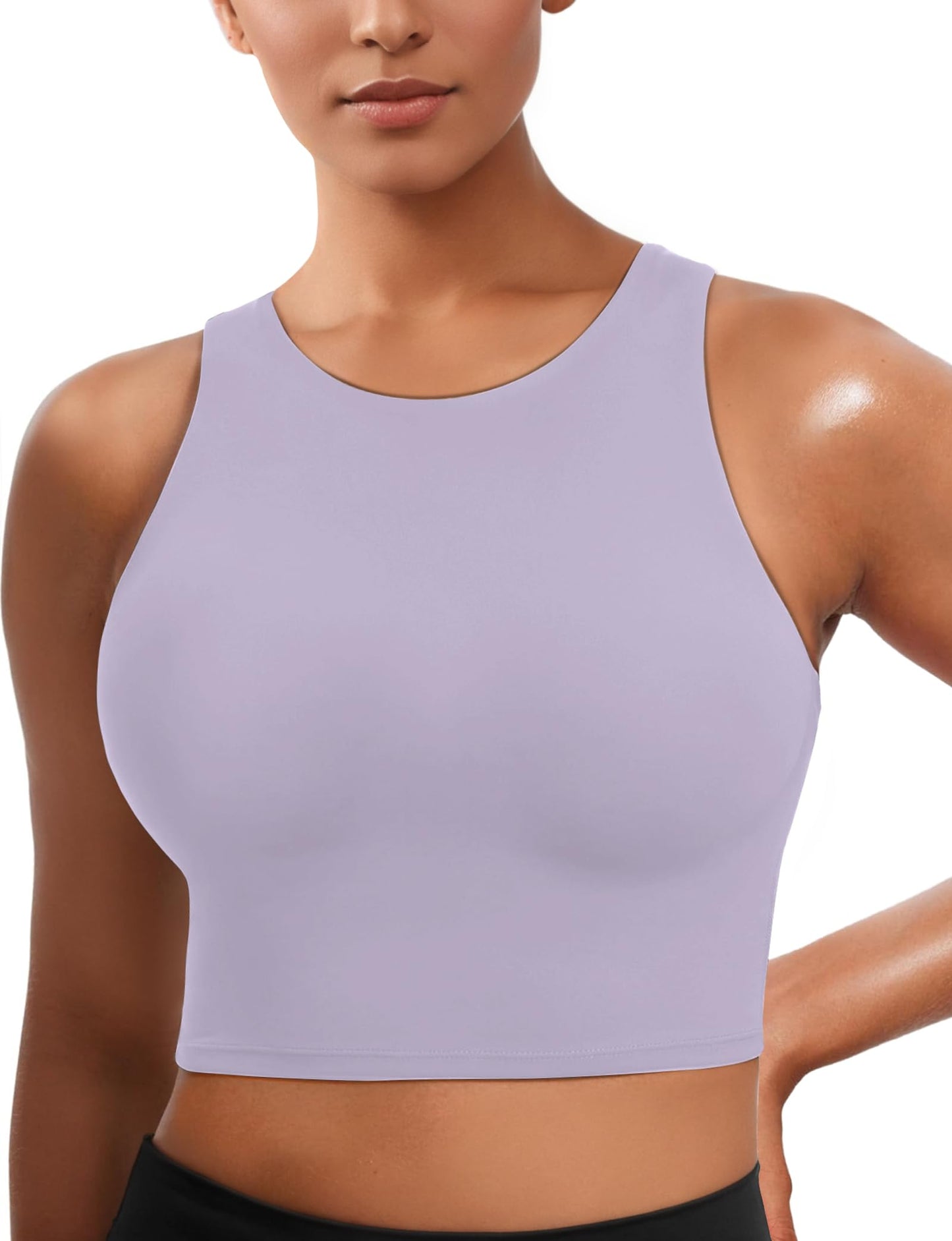 YHOZUM Sports Bras for Women with Support, High Neck Double Lined Padded Crop Tank Tops, Workout Push Up Compression Bralettes with Built Seamless, Cute Pull Over Gym Athletic Bras Molded Cup Purple