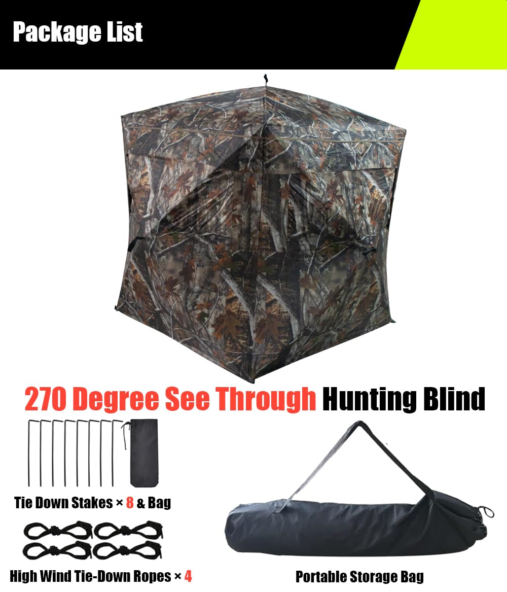 THUNDERBAY See Through Hunting Blind 270 Degree with Carrying Bag & Ground Stakes, Portable 2-3 Person Pop Up Ground Blinds, Durable See Thru Hunting Tent for Deer & Turkey Hunting