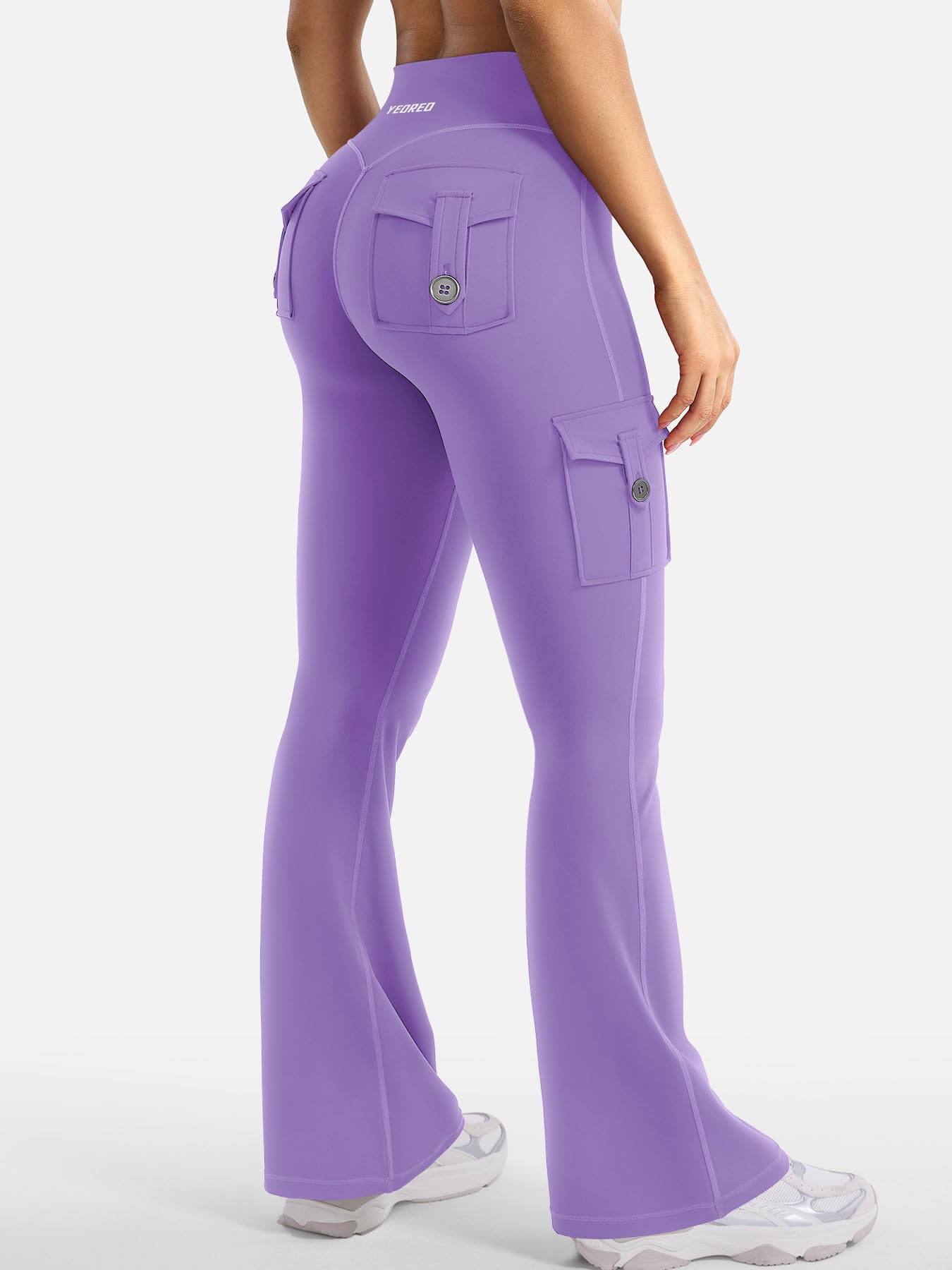 YEOREO CoreFlex Women Workout Flare Leggings with Pockets Hidden Scrunch High Waisted Cargo Gym Yoga No Front Seam Leggings Purple S