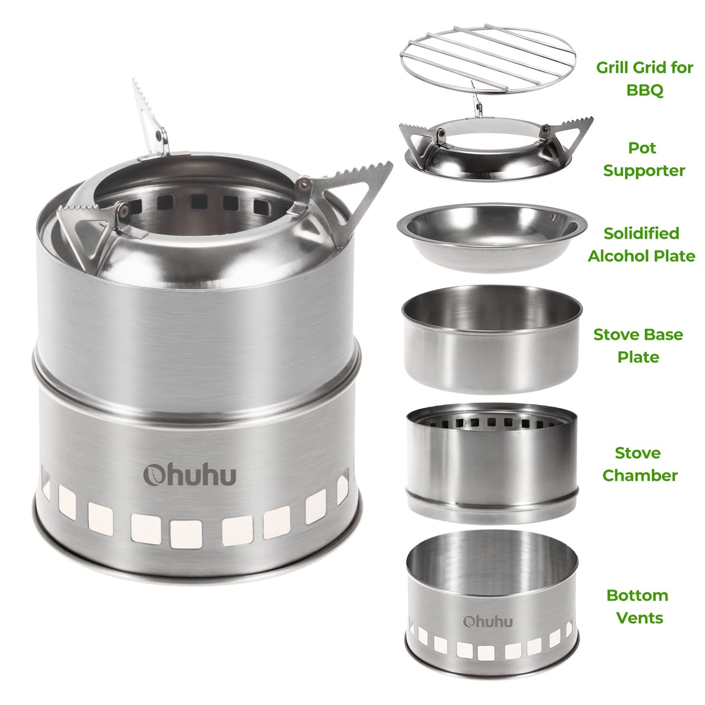 Camp Stove, Ohuhu Camping Stove Wood Burning Stove Stainless Steel Mini Portable Backpacking Survival Stoves for Picnic BBQ Camping Hiking Cooking Emergency with Grill Grid Carry Bag