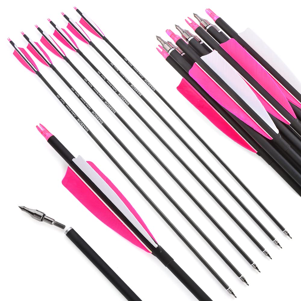 ZSHJGJR 30 Inch Archery Carbon Arrows Hunting Arrows with 4” Turkey Feather Target Practice Arrows Spine 500 for Compound & Recurve &Traditional Bow 6/12pcs (12 x Pink Arrows)