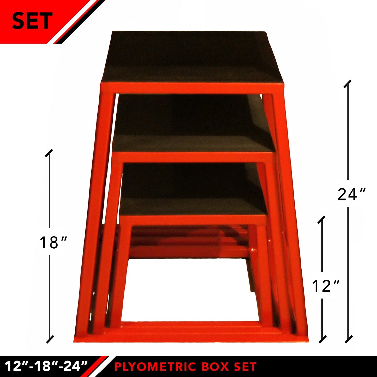 JFIT Plyometric Jump Box Set of 3 - 12", 18", 24", Red/Black