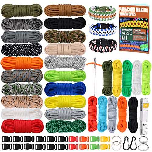 WEREWOLVES Paracord 550, 4MM Paracord 20 Colors & 2MM Micro Paracord Rope 10 Colors with Instructions Book, Paracord Bracelet Combo Crafting Kits, Parachute Cord and Complete Accessories (Forest)