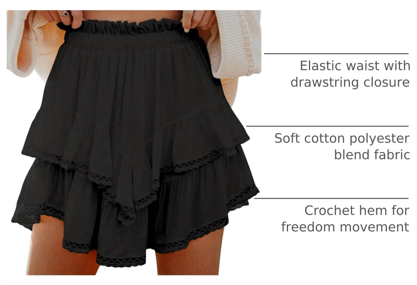 Aoudery Flowy Shorts for Women Casual Boho Ruffle Tiered Skorts High Waist Mini Skirts Golf Tennis Butterfly Crochet Shorts - Black XS