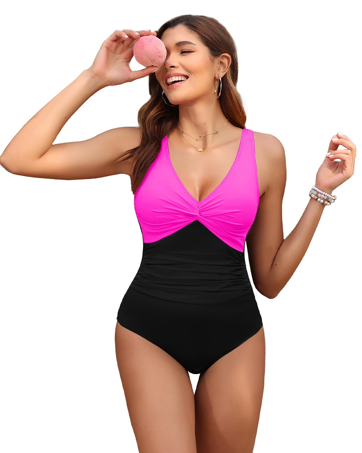 Holipick Hot Pink Black Women Tummy Control One Piece Swimsuit - Push Up Bathing Suit Full Coverage Slimming Swimwear XXL