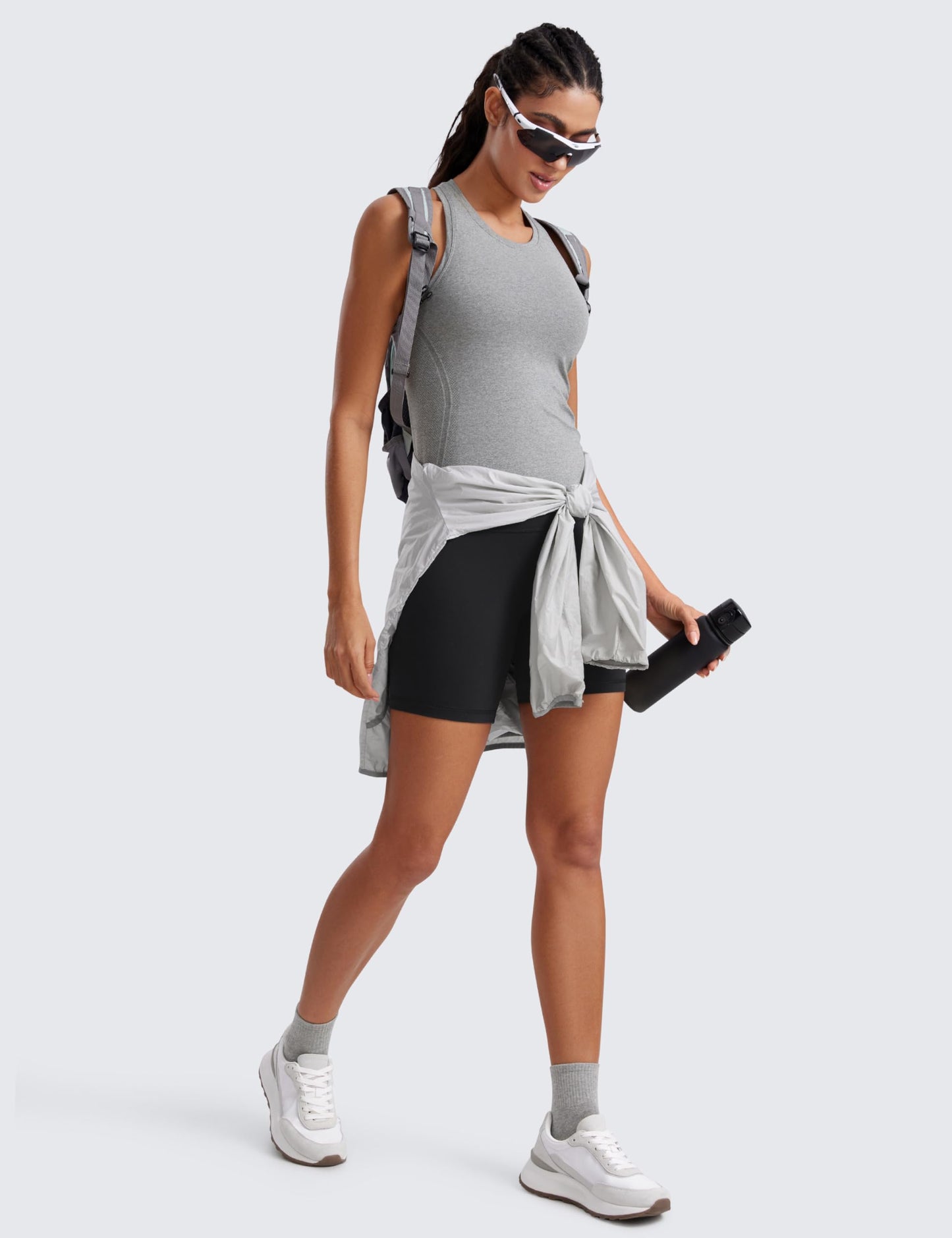 CRZ YOGA Seamless Workout Tank Tops for Women - Athletic Running Gym Sleeveless Shirts Crewneck Racerback Breathable Slate Grey Marl X-Small