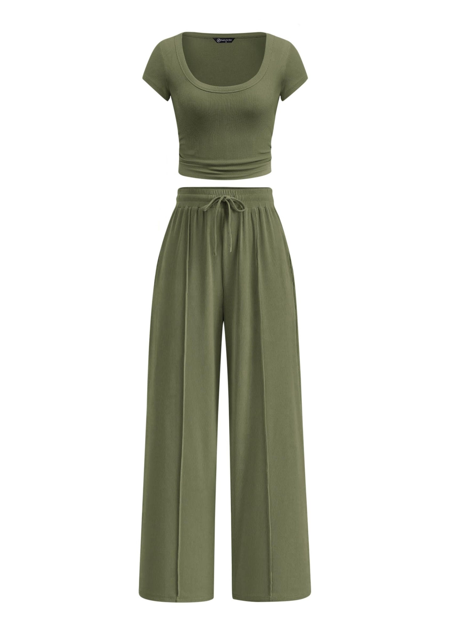 PRETTYGARDEN Women's Summer 2 Piece Matching Lounge Sets Short Sleeve Crop Tops Wide Leg Pants 2026 Airport Travel Outfits