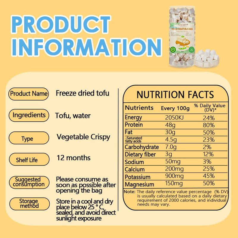 Freeze Dried Tofu Cubes, High Protein, Keto-Friendly, Vegan Meat Alternative, 6 oz