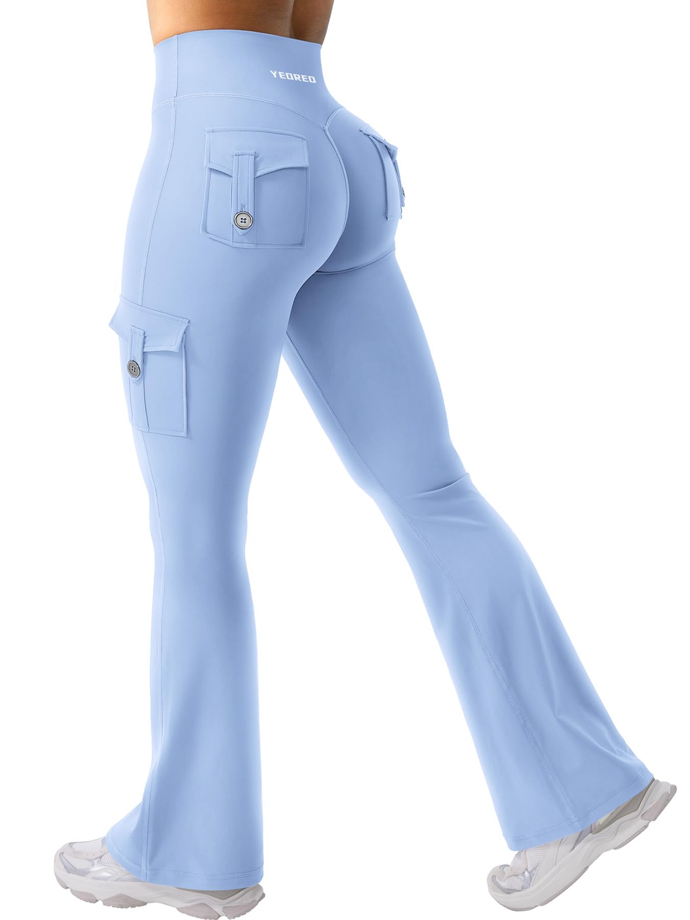 YEOREO CoreFlex Women Workout Flare Leggings with Pockets Hidden Scrunch High Waisted Cargo Gym Yoga No Front Seam Leggings Light Blue S