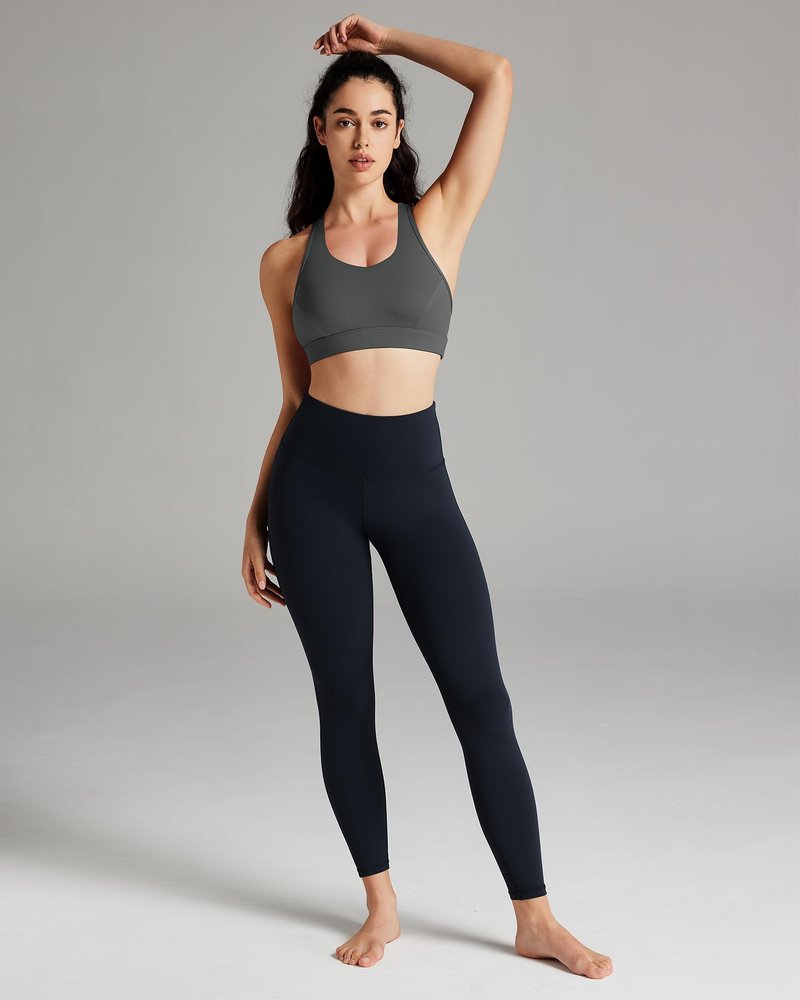 Queenie Ke BareFlow Sports Bras for Women V-Neck Medium Support Raceback Phone Pocket Bra Removable Cups Yoga Workout Tank Top (Dark Grey, Small)