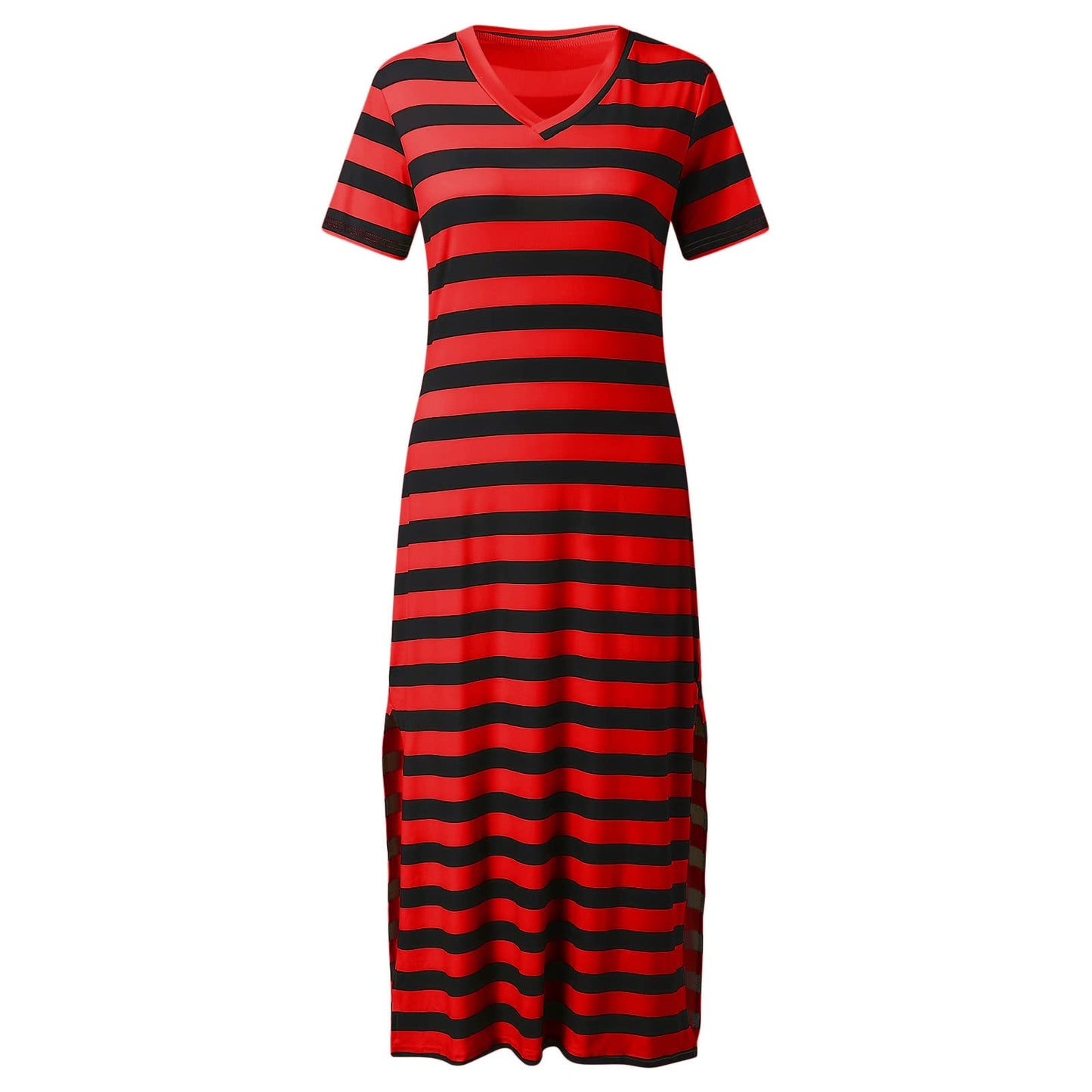 Willisos Maxi Dresses for Women 2024 Women's Summer Maxi Dress Loose Casual Long Dress Striped Short Sleeve Split Sundresses Red, Large