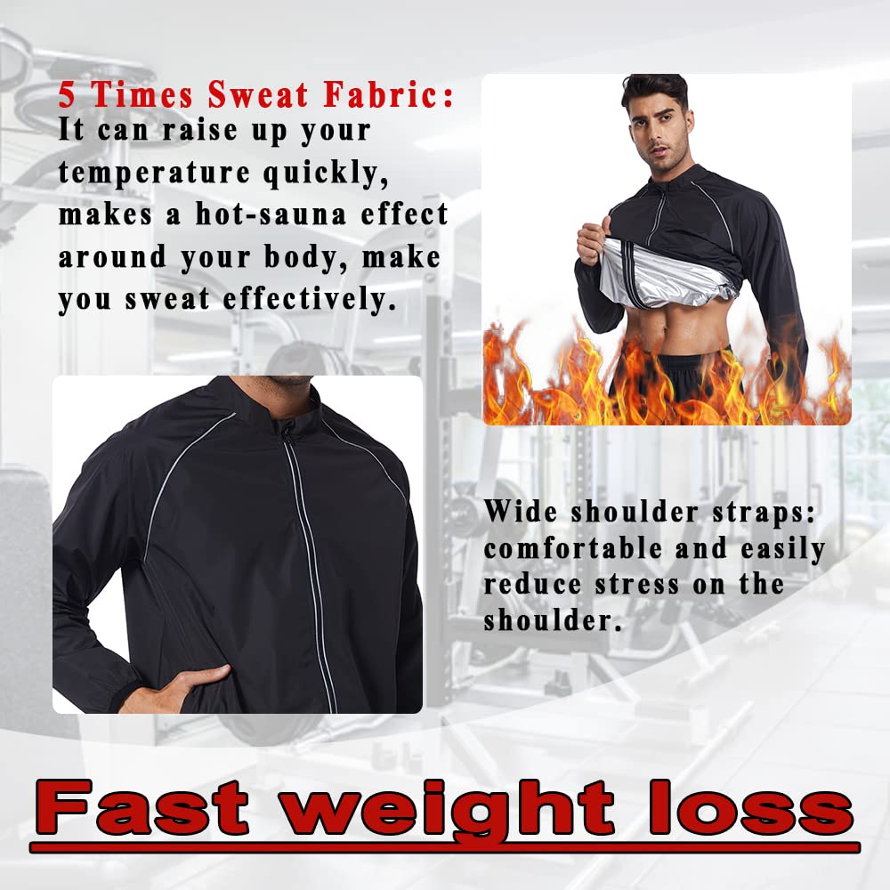 LAZAWG Sauna Sweat Suit Mens Long Sleeve Zipper Workout Lightweight Men Sweat Jacket Gym Exercise Fitness Running